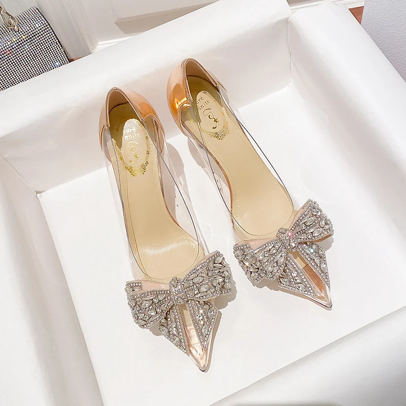 Pointed toe stiletto women\'s high heels women\'s shoes fashion women\'s shoes wedding shoes high heel 8cm transparent bow gemstone