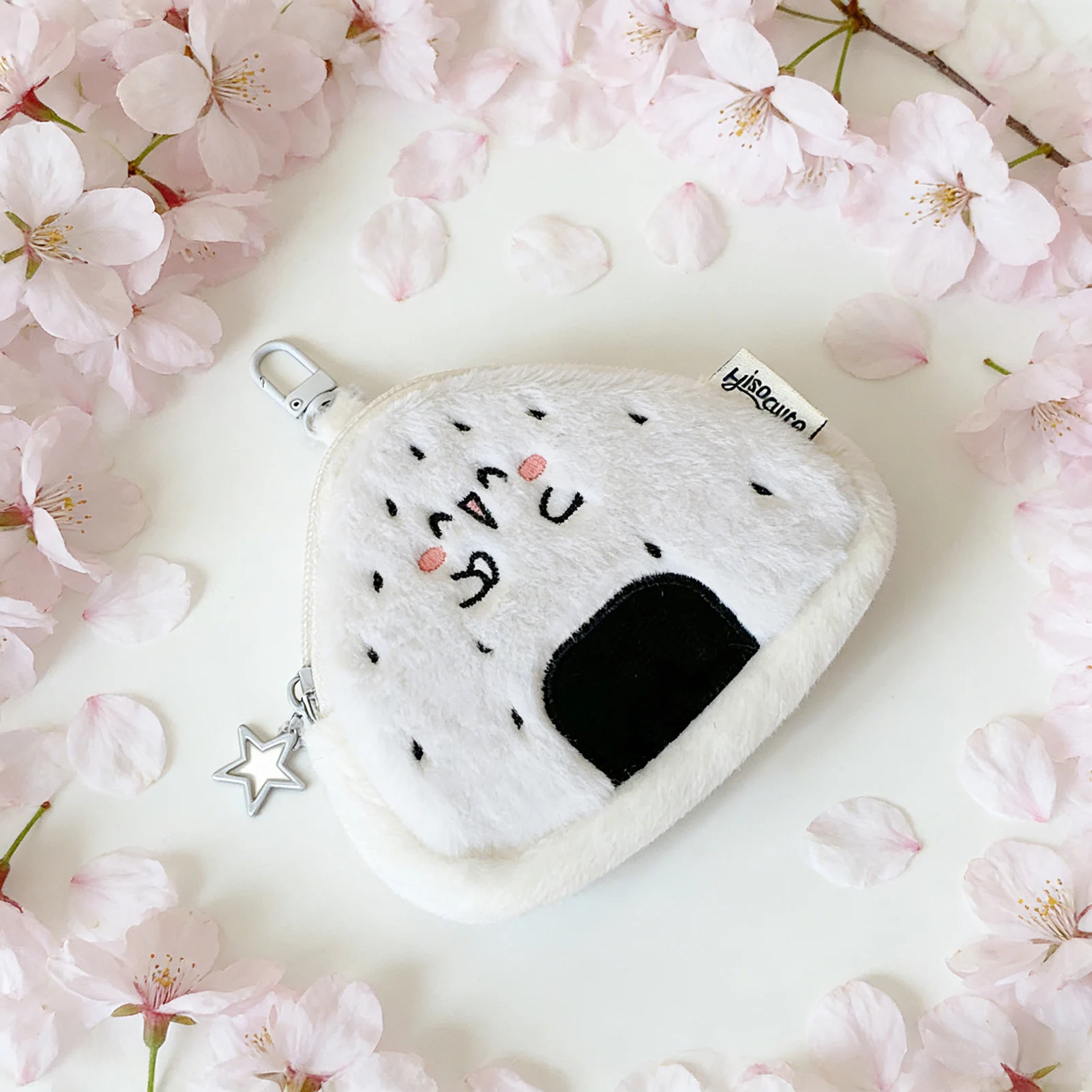 Onigiri Shaped Coin Purse Keychain Soft Plush Key Ring for Women Cute Rice Ball Design with Zipper Closure