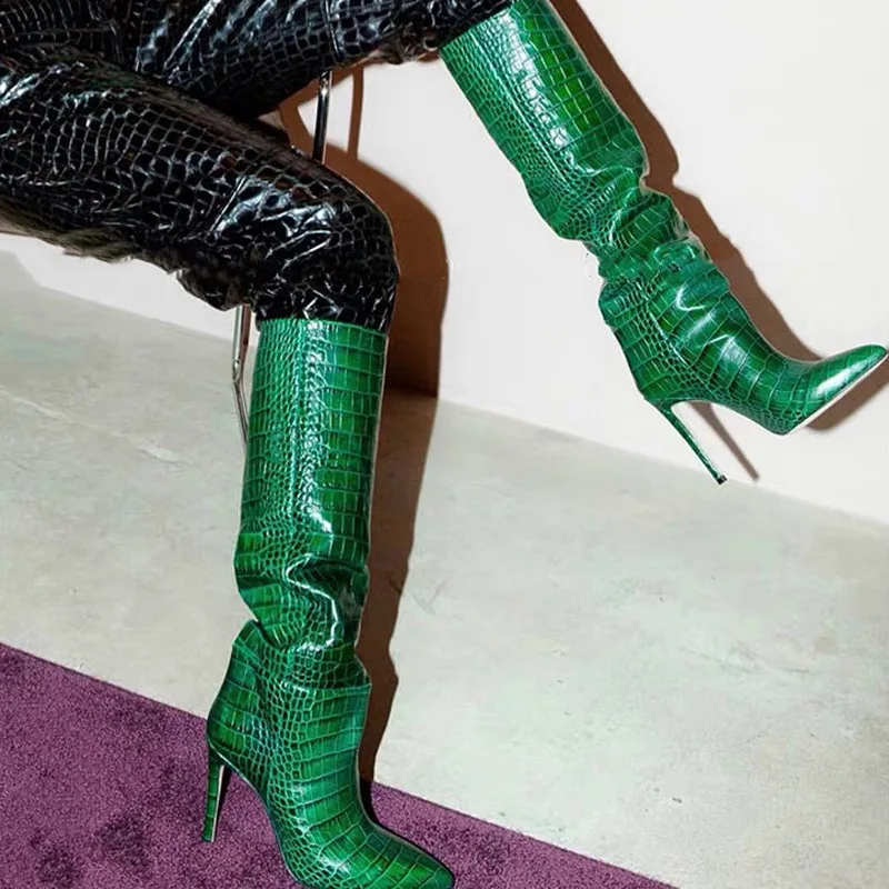 New Knee-High Boots In Crocodile-Patterned Leather Pointed Toe Slip-On Boots High Heels Women Winter Shoes Women Botines Mujer