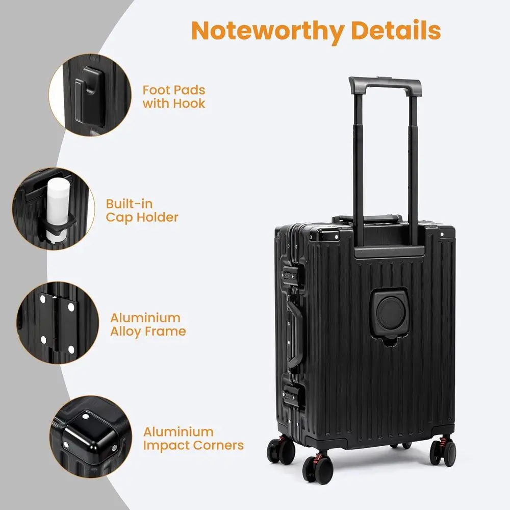 24 Medium Spinner Luggage, Aluminum Frame, TSA Lock, PC Hard Shell, Black