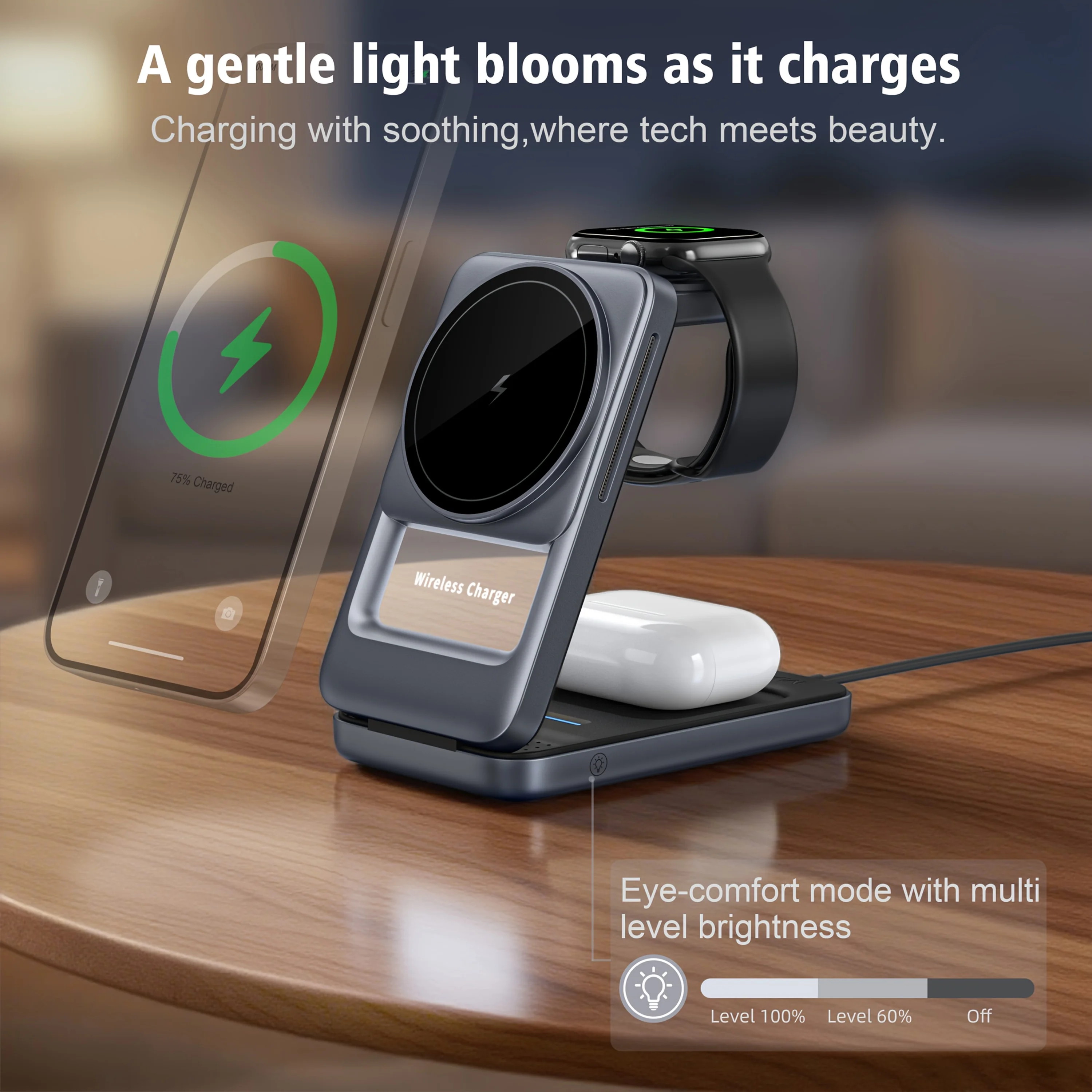 

Ночник 4-в-1, складная магнитная подставка для беспроводного зарядного устройства для iPhone 12-17 серии Apple Watch 2-8 SE AirPods Pro, быстрая зарядка