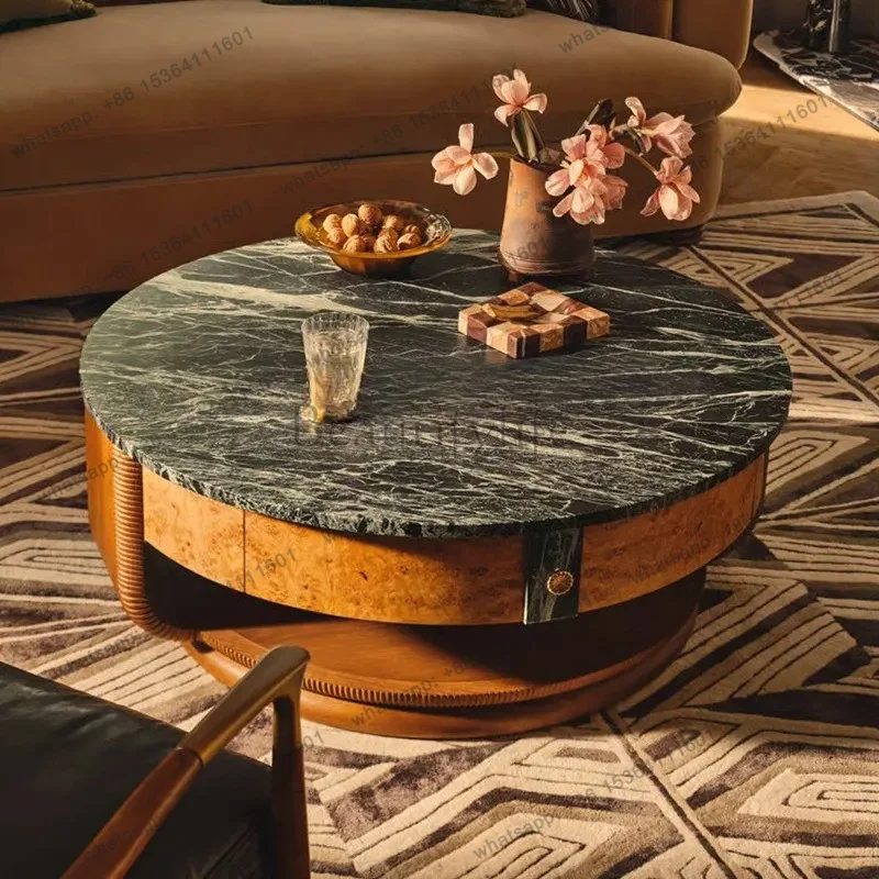 YJ Medieval retro  round coffee table living room tree tumor solid wood modern light luxury high-end marble coffee table