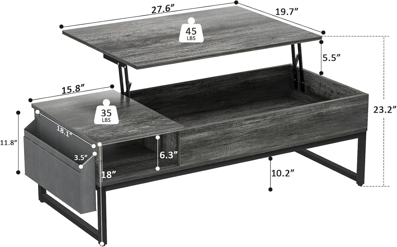 Mesa de centro com armazenamento, tampo de elevação de madeira, mesa central, armação de metal, mesa com bolsa lateral para coquetel,