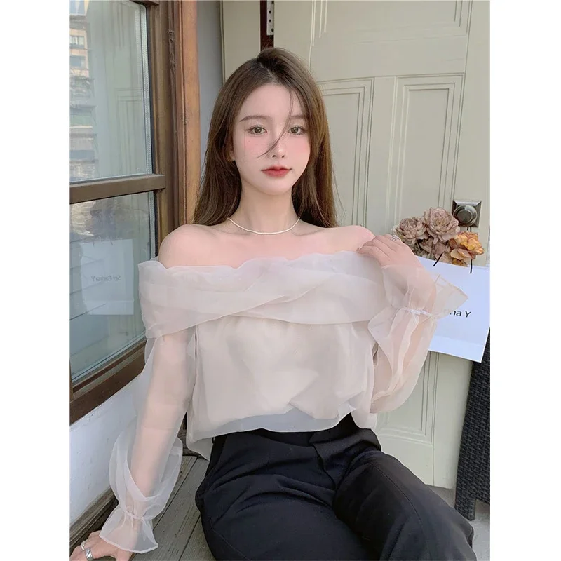 Mexzt เสื้อคอปาดผู้หญิงเสื้อเบลาส์เปิดไหล่ผ้าตาข่ายอ่อนหวานสำหรับสาวออฟฟิศเสื้อหรูหราเข้ารูปแขนยาวสุดชิค