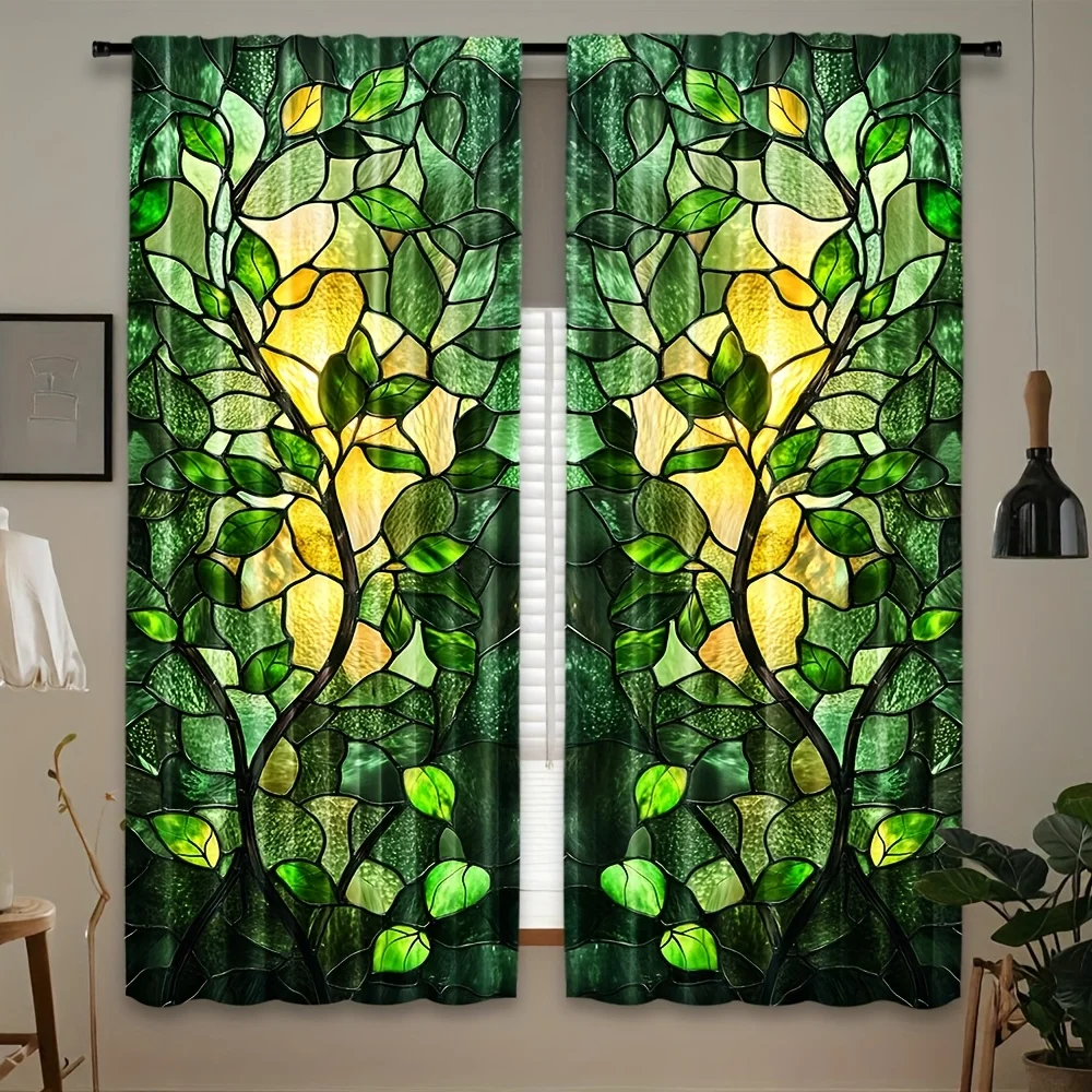 2pcs Stained Glass Curtains Green Leaves Tree Window Drapes Tiffany Style Bedroom Decor Art Nouveau Shade Drape