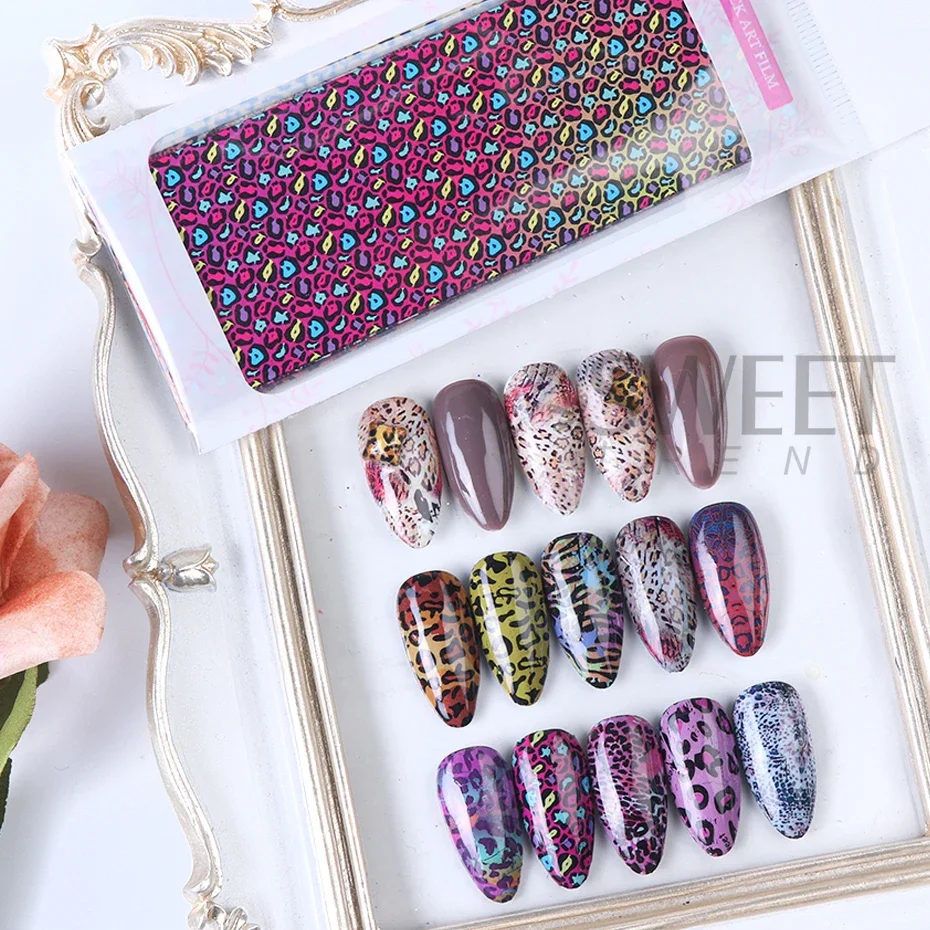 10 pçs colorido leopardo impressão folha de transferência de unhas pele de tigre zebra animal selvagem listra céu estrelado papel inverno estilo sexy manicure