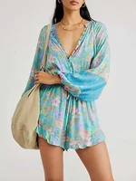 BOHO INSPIRED floral print ROMPER for women adjustable tie long sleeve V-neck boho playsuits women holiday summer playsuits - Image 3