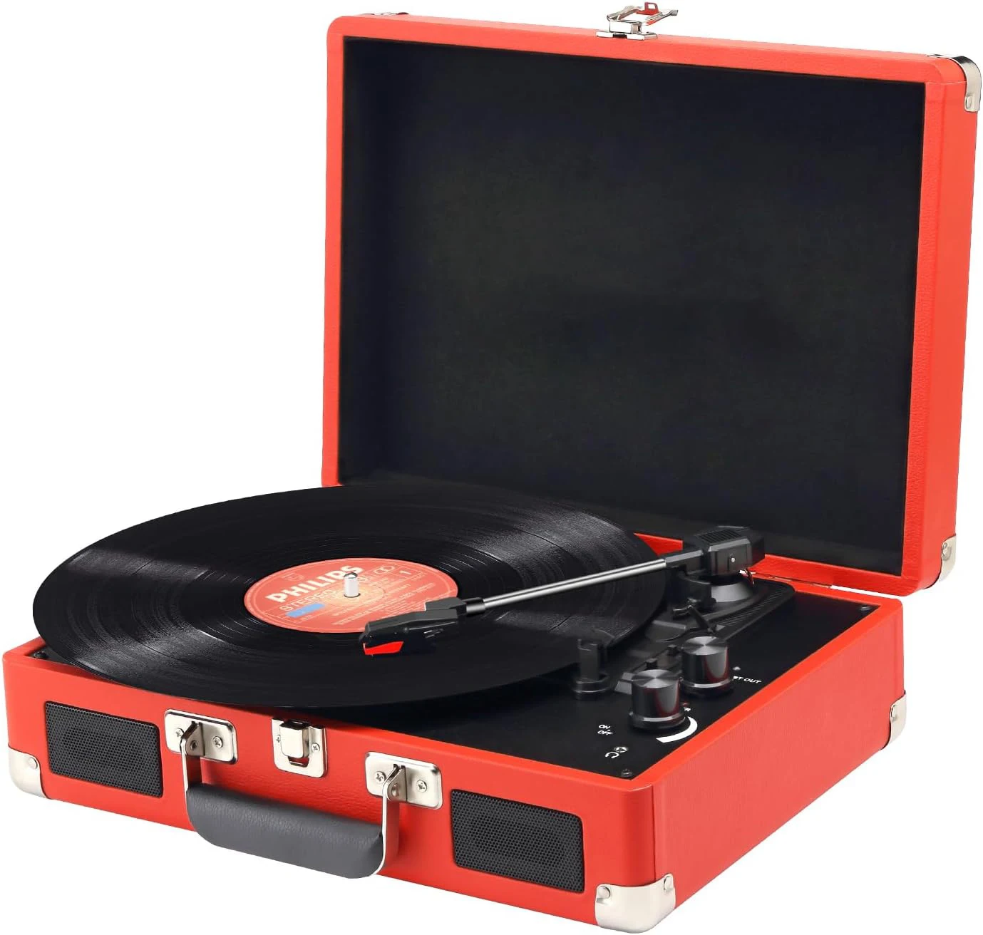 Vintage Phonograph Vinyl Record Player 3-Speed Bluetooth Turntable Portable Suitcase Built-in Speakers with RCA Output Aux in