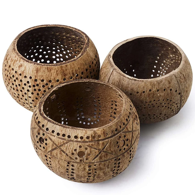 Coconut Shell Wood Candle Holders (Set Of 6) With Coconut Scented Tealight Candles - Boho Decor, Votive Candles Holders