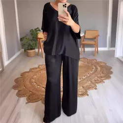 Elegant Women's Summer Fashion Black Satin V-neck Short Sleeved Loose Top Casual Pocket High Waisted Pants 2-piece Set S-3XL