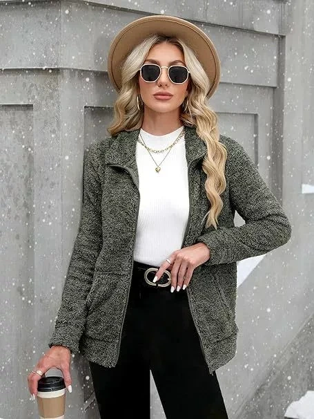 

Women's Casual Fashion Long Sleeve Zipper Bubble Velvet Jacket Stylish Outerwear for Ladies