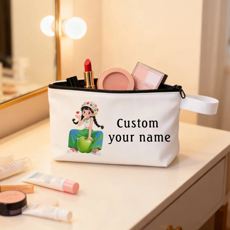 

Custom Name Cosmetic Bag Fashion Apple Girl Pattern Travel Pouch Pencil Cases Stationery Canvas Bag Multifunction Organizers
