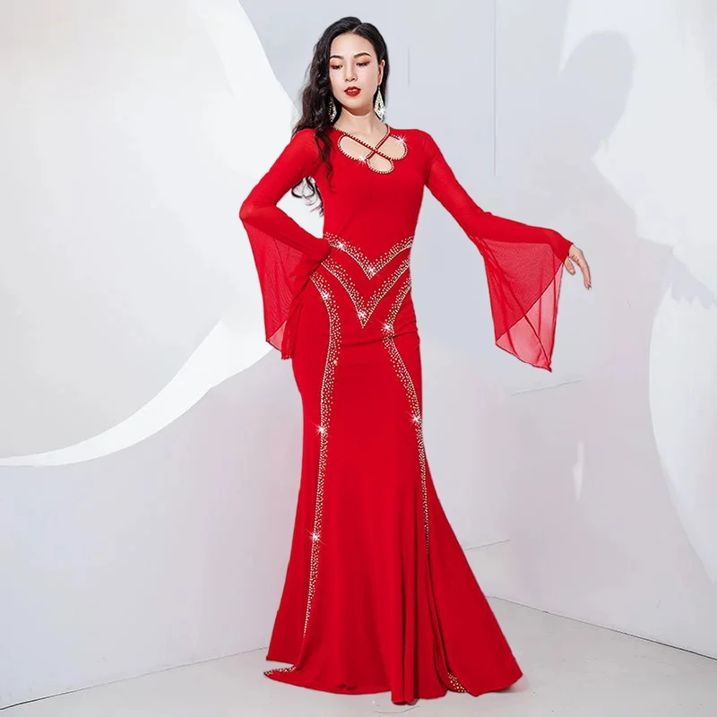 Women's Long Maxi Fishtail Skirt Belly Dance Dress Iraq Khaleeji Thobe Kawleeya Beledi Sequins Costume Saidi Perfformance Suit