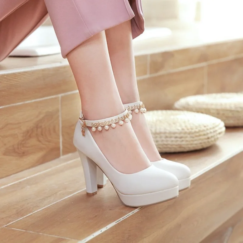 Four Season High Heels for Women White Wedding Party Ladies Pumps Ankle Hook Chunky Platform Mary Jane Black Office Dress Shoe image 2
