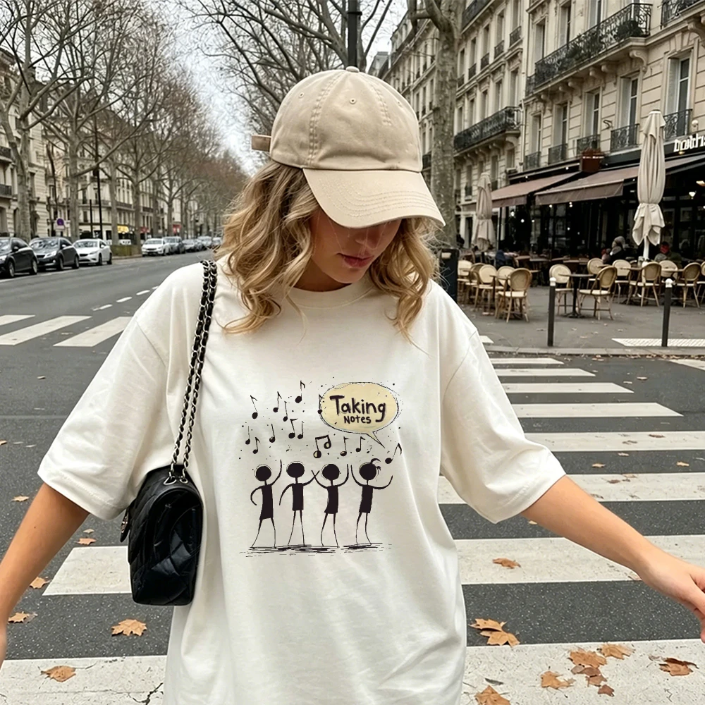Taking Notes Doodle Cartoon Women Beige Cotton T-Shirt Cute Stick Figure Music Graphic Print Summer Casual Tee