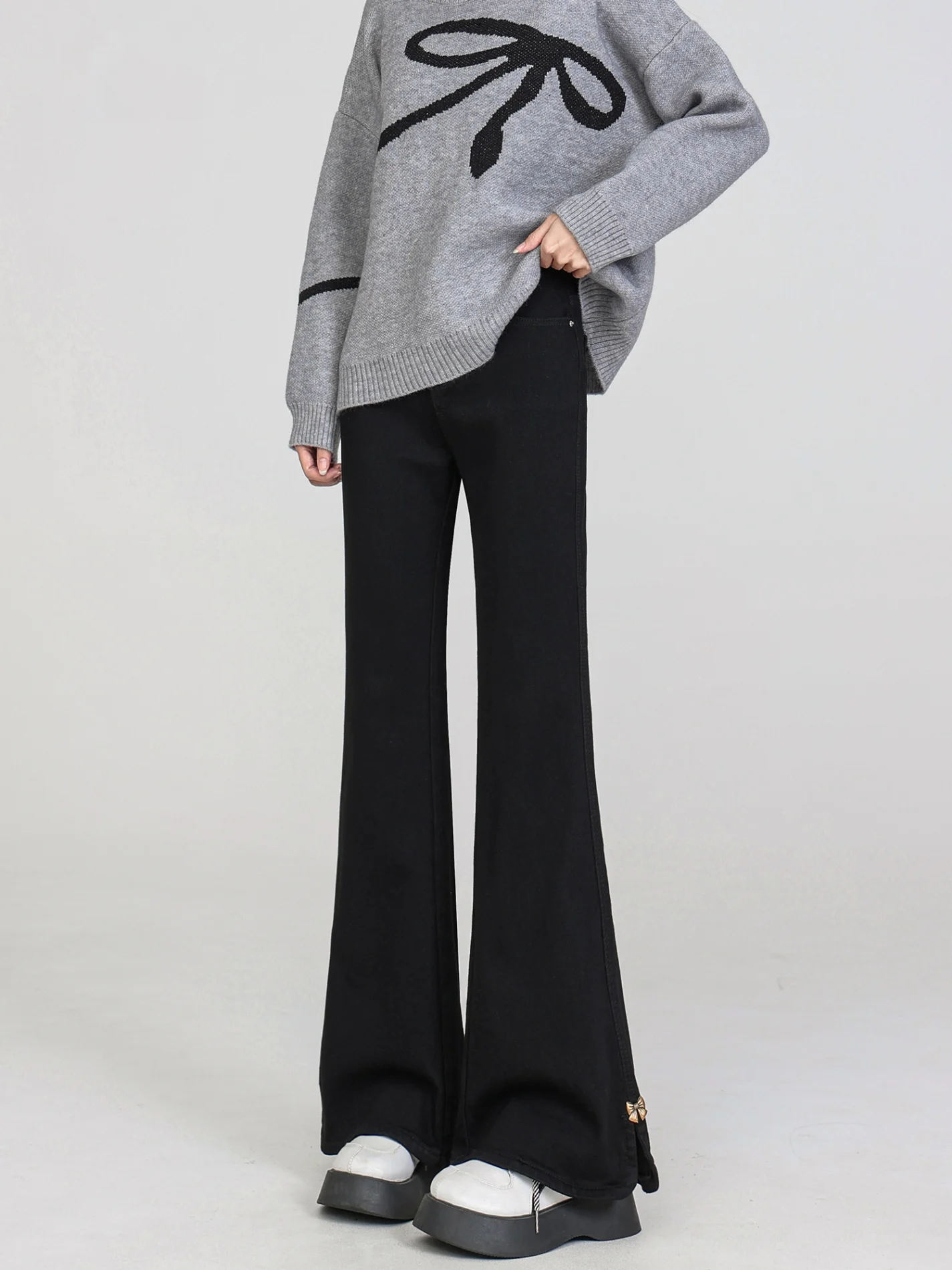 

High Waist Flared Jeans Women's Spring Autumn New Style Elastic Slit Long Pants Casual Cotton Stretch Denim Wide Leg Trousers