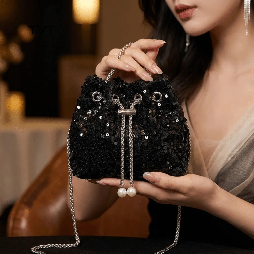 Fashionable Sparkly Sequin Bucket Bag Drawstring Chain Crossbody Evening Bag Pearl Pendant Soft Shoulder Bag Dating