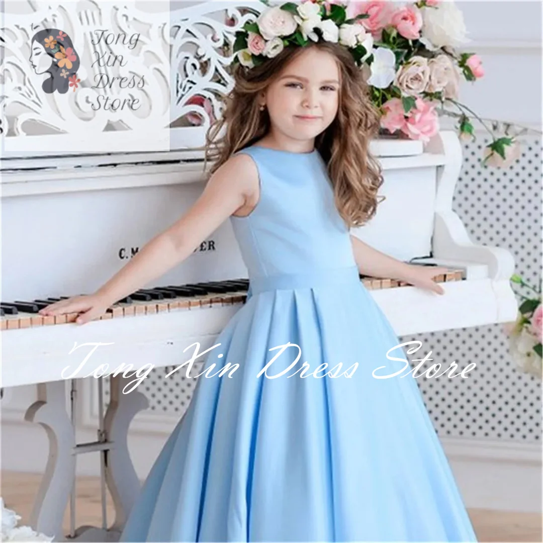 Sleeveless Flower Girl Dress Blue Long Backless Bow Decorated Wedding Elegant Little Flower Children First Communion Party