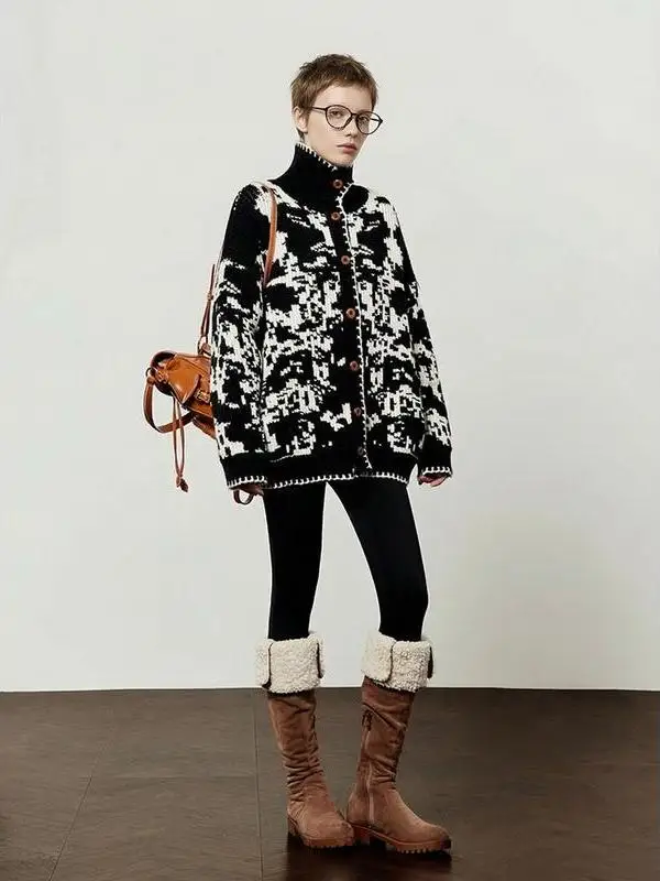 

Bla Knitted Sweater Coat Women's Loose Fit Stand Collar Retro Embroidery Winter New Sle mid Century Faion Ladies Top