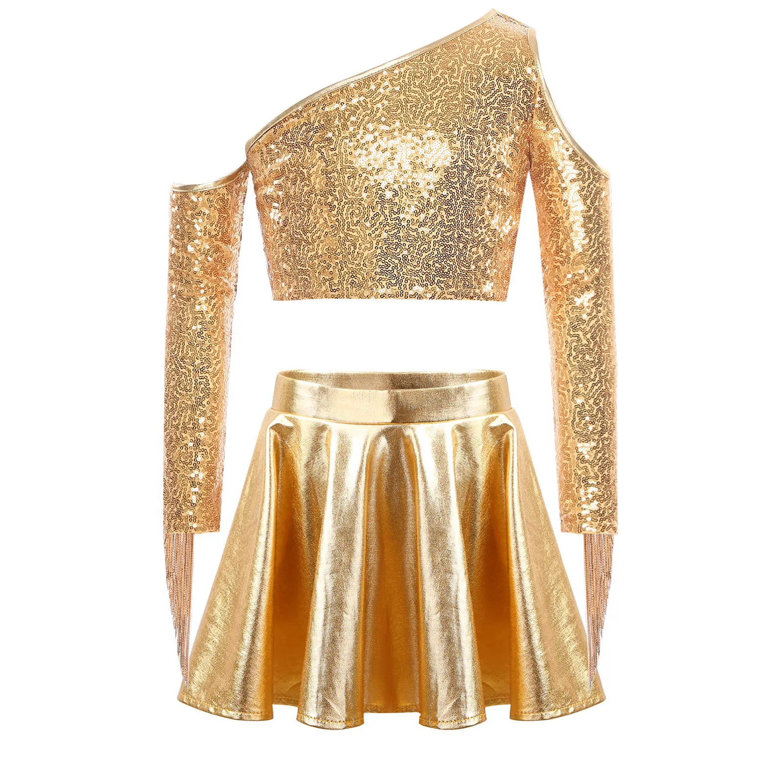 Kids Girls Hip Hop Jazz Dance Cheerleading Performance Costume Shiny Long Sleeve Tassel Sequin Crop Top with Culottes Dancewear