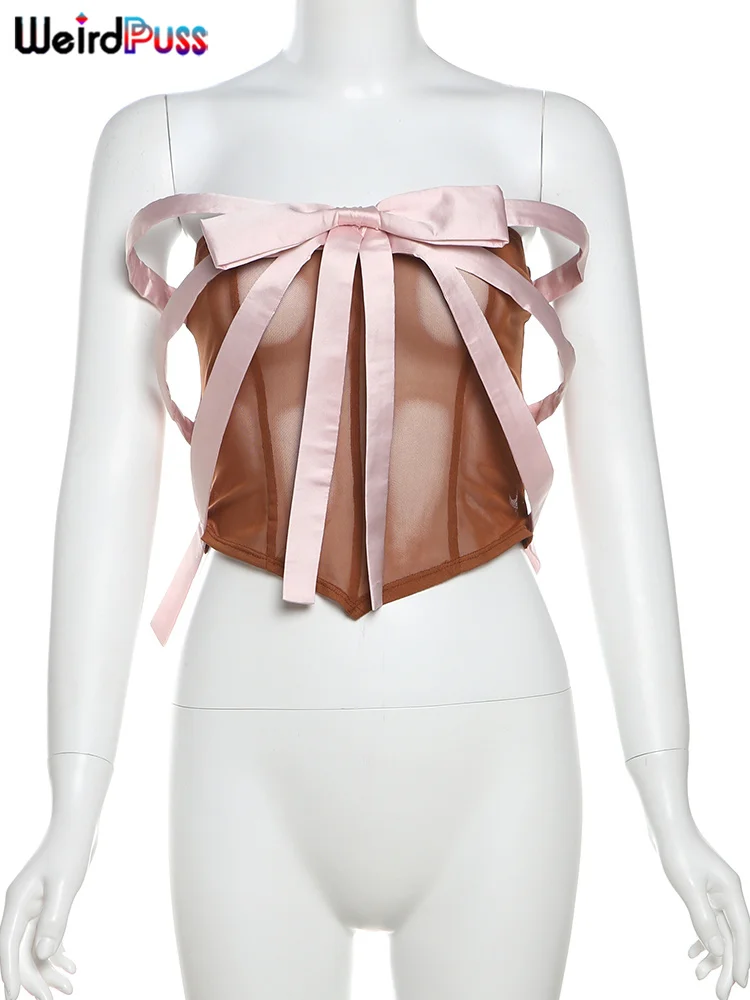 nibber Elegant Corset Tops Women Y2K Summer See Through Ribbon Bow Skinny Elastic Irregular Belly Pocket Wild Streetwear Vest