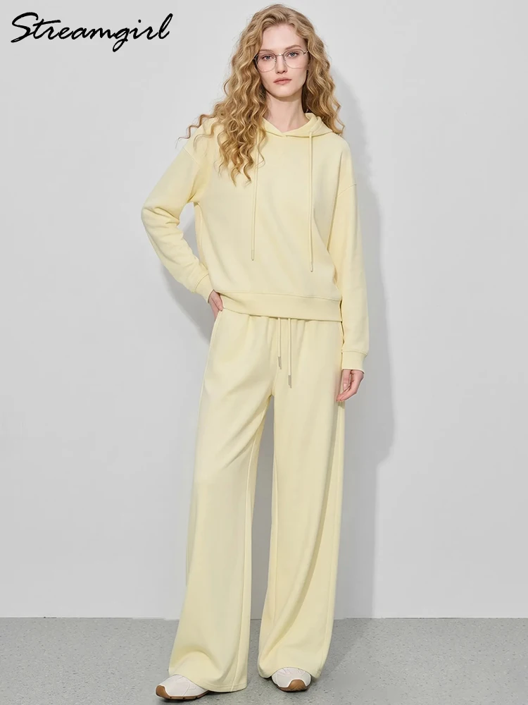 Women's Tracksuit Wide Leg Sweatpants And Hoodies Set Butter Yellow Plain 2 Pieces Pants Set For Women Joggers And Hoodie Set view 2