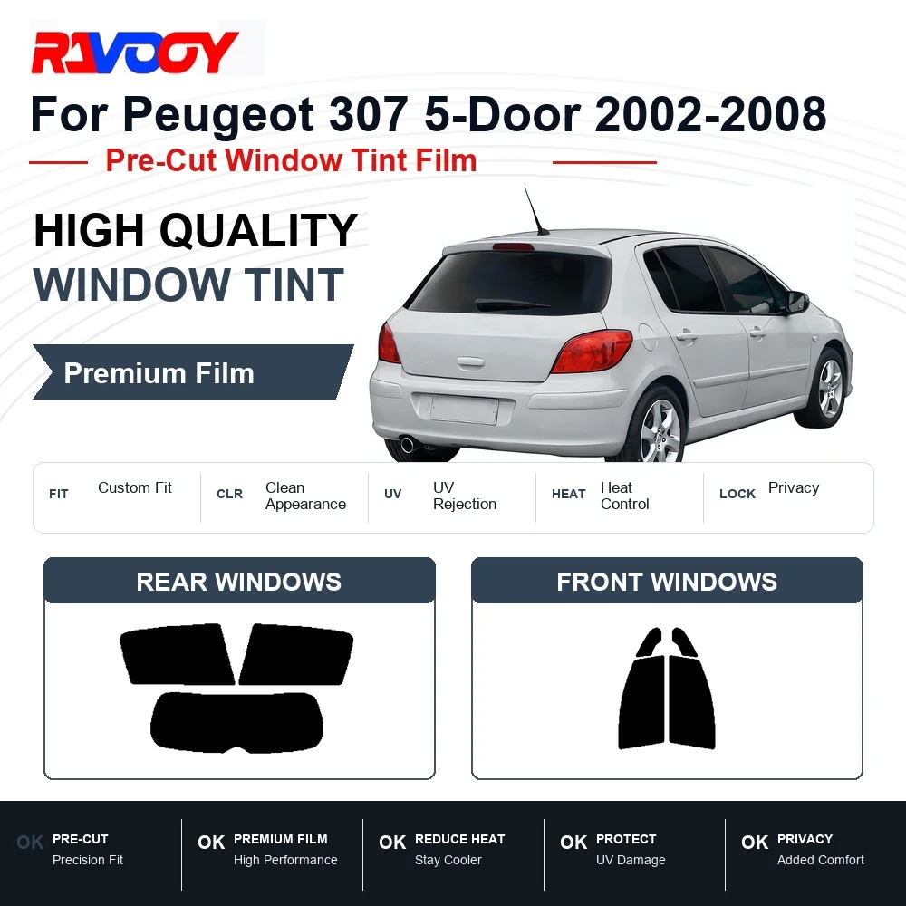 Film teinté pour vitres de voiture Peugeot 307 5 portes 2002-2008, avant et arrière, protection UV, anti-chaleur, film de confidentialité, qualité supérieure, pré-découpé