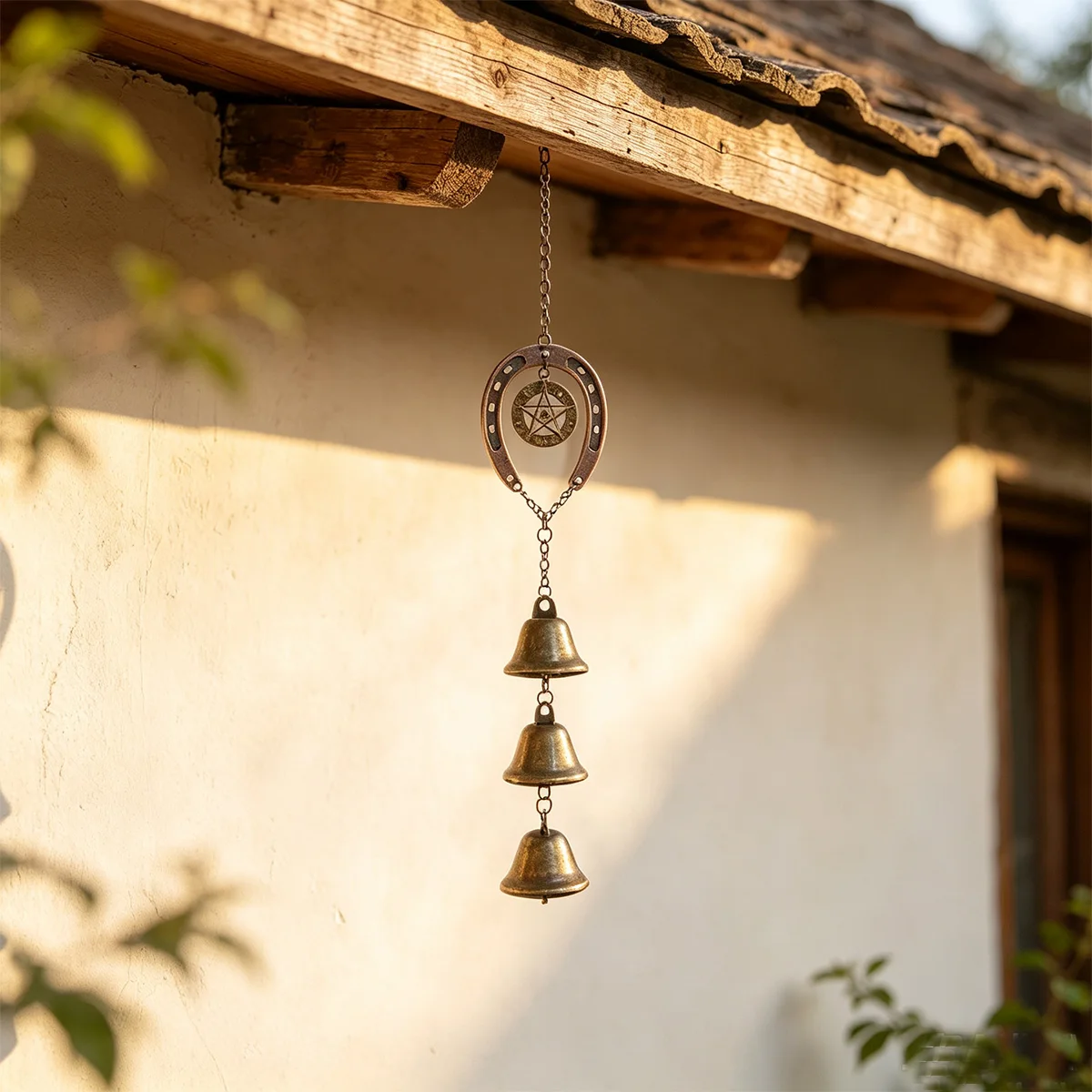 1 Stück Hufeisen-Windspiel, Vintage-Stil, fünfzackiger Stern-Glocken-Hängeornament, Dekoration für Hof/Dachvorsprung/Balkon/Wand, Outdoor-Garten-Eisenkunst-Anhänger, Dekoration für Ferienunterkünfte,