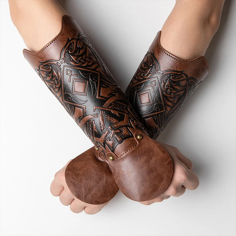 

1Pc Medieval Gothic Armor Gloves Wide Cuffs Bracers Armor Arm Warmers Renaissance Pirate Knights PU Leather Lace-up Wristband