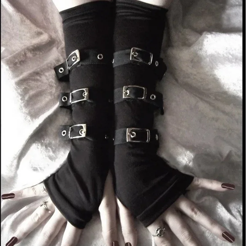 Guantes Punk negros con dedos, pulsera larga, correa para la muñeca, calentador de brazo de 28CM, puño largo de seda de leche, guante Sexy gótico