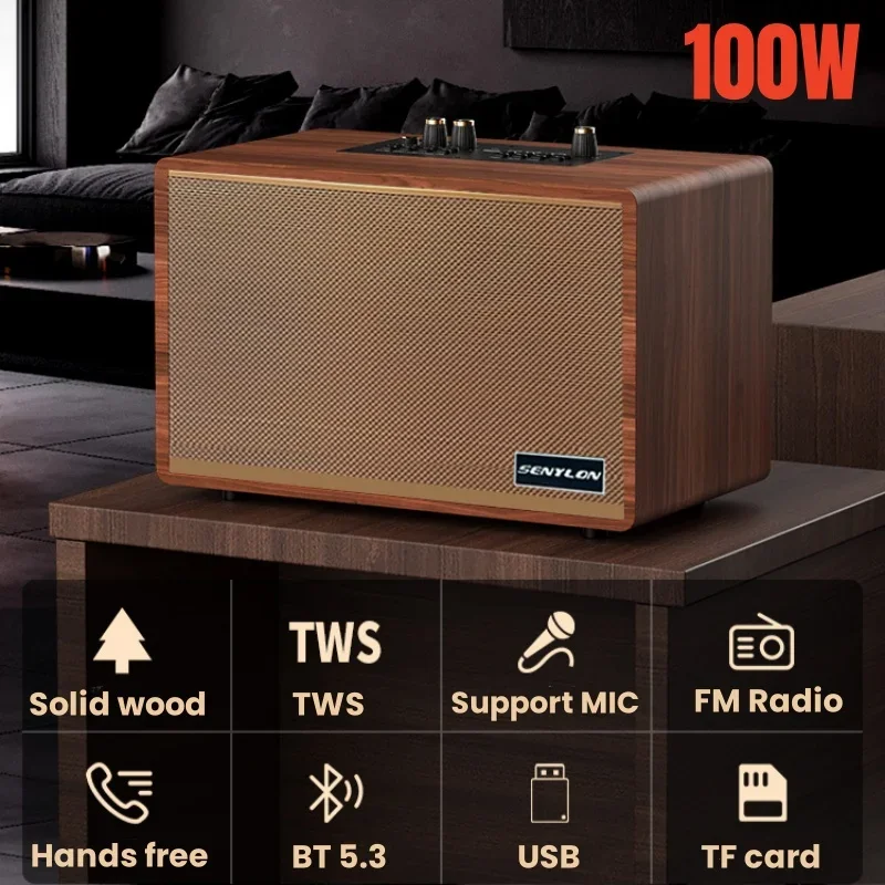 100W Desktop Subwoofer Wireless Retro Audience Outdoor Portable Sound Box Bluetooth Speaker Home Karaoke FM All-in-one Machine