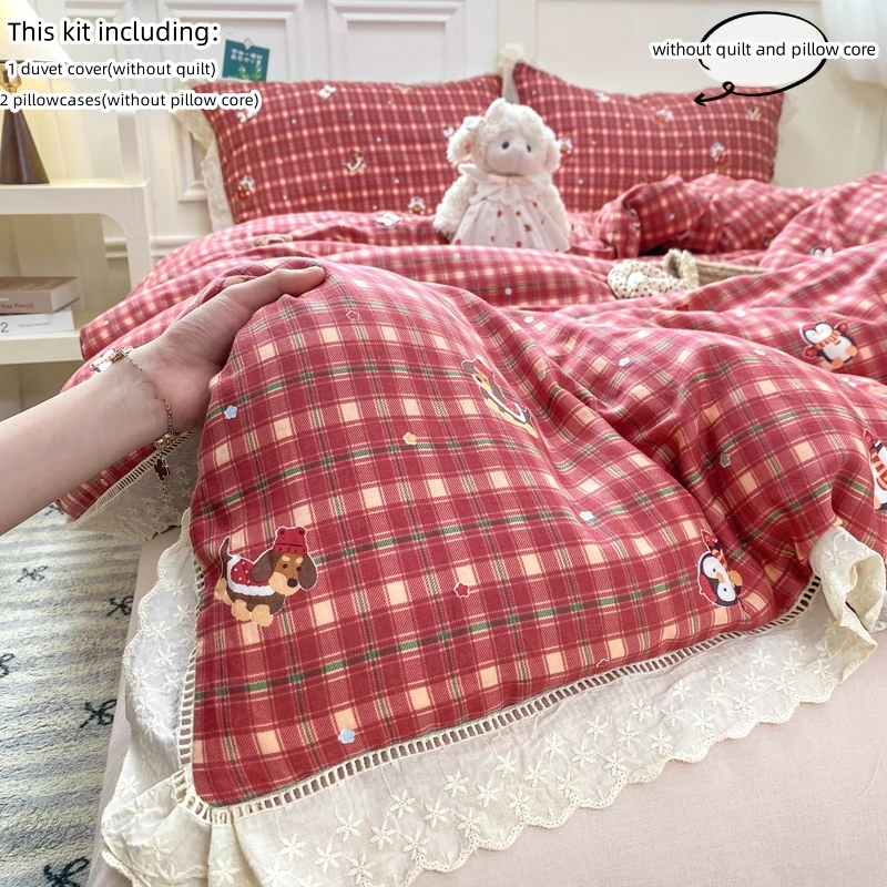 3pcs Lace Duvet Cover Set (1*Duvet Cover + 2*Pillowcase, Without Core), red checkered print Bedding Set