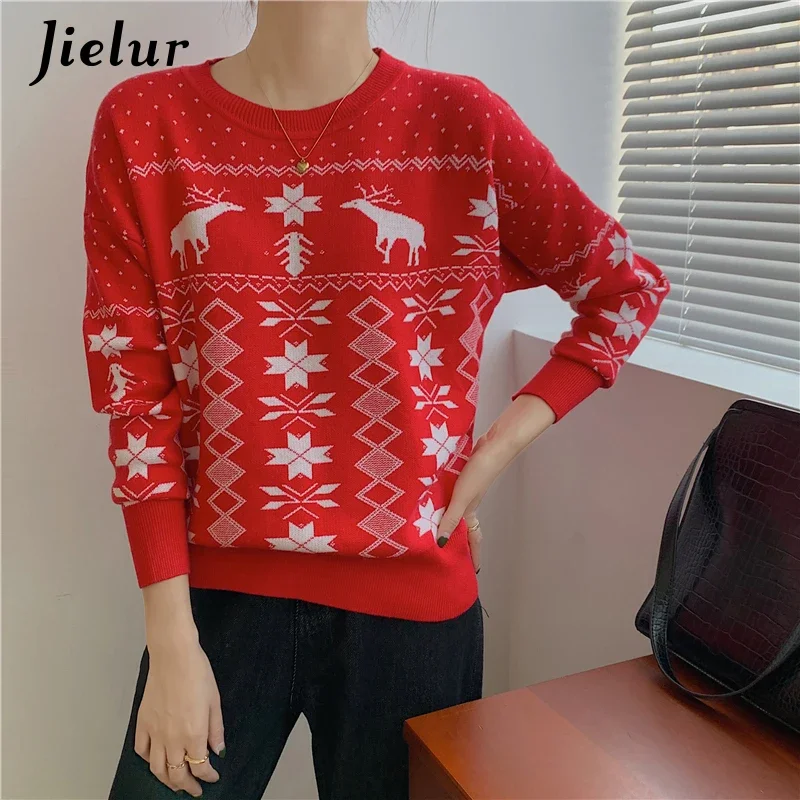 Jielur Round Collar New Style Christmas Sweater Women Red Bottoming Sweaters Autumn Winter Female Clothes Cartoon Deer Pullovers