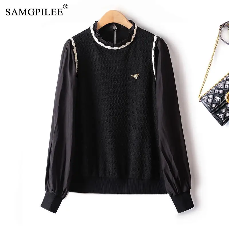 

Fashion Woman Blouses 2022 New Lace Collar Stitching Chiffon Long Sleeve Tees Elastic Slim O Neck Bottom T-shirts Y2k Streetwear