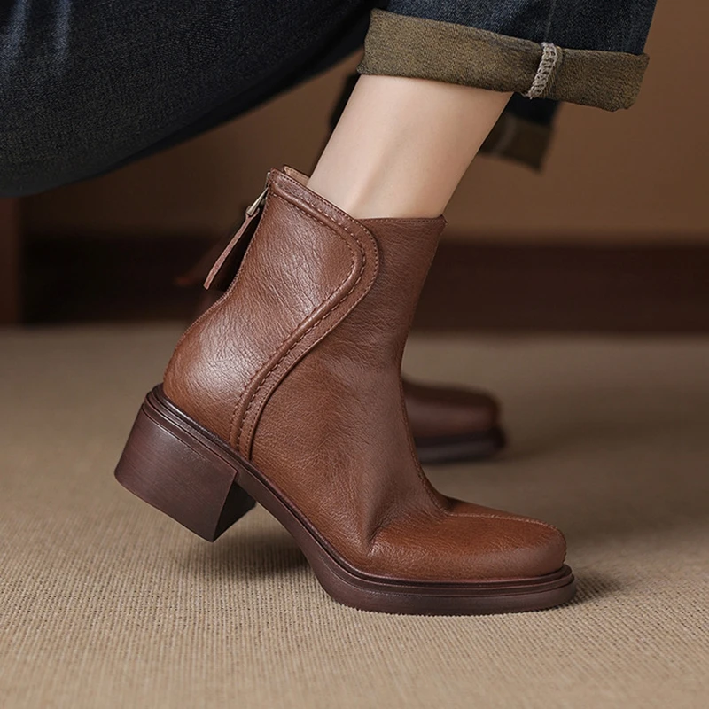 

Women's new leather handmade cowhide round head zipper high heel plus size and calf short boots short tube fashion boots