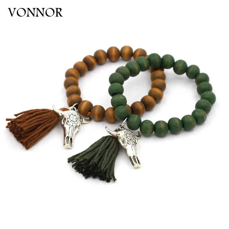 Bohemian Bracelet Women's Trendy Jewelry Handmade Beaded Wood Bracelet Tassel Alloy Ox Head Pendant Ethnic Accessories Wholesale