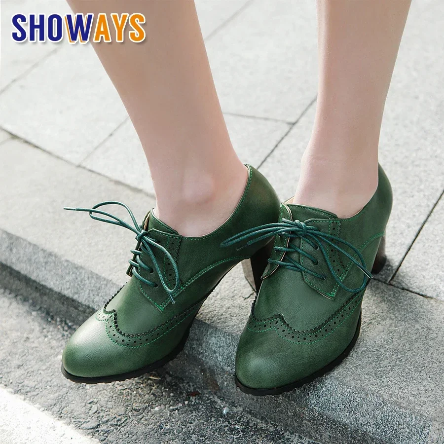 British Women High Chunky Heels Fretwork Pumps Green Grey Round Toe Brogues Dress Office Lady Oxfords Retro Preppy Lace Up Derby