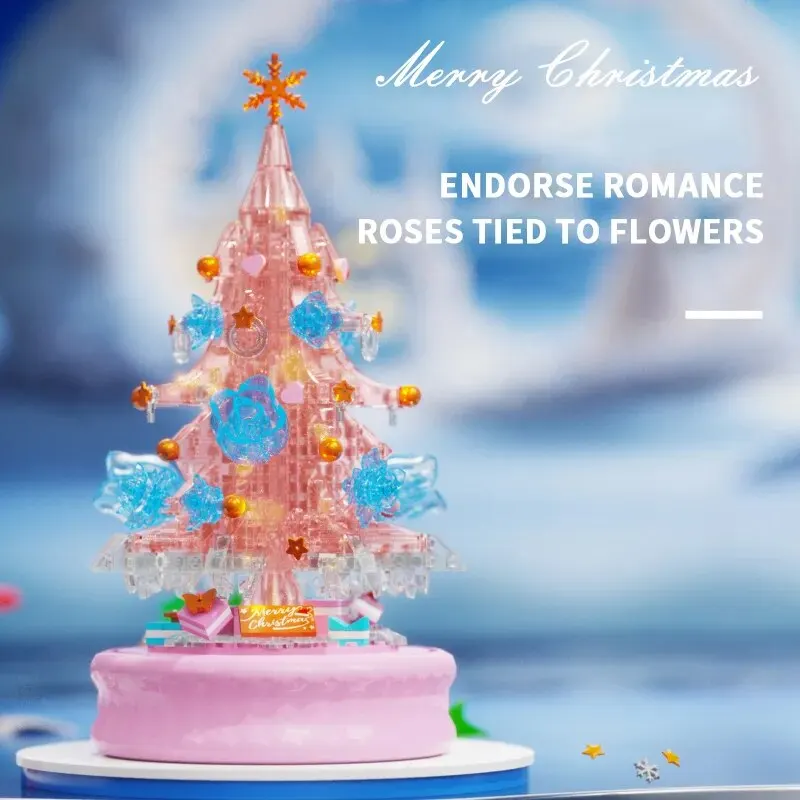 Bloques de construcción de caja de música de luz de árbol de Navidad rosa, modelo de Rosa transparente, ladrillos, regalos románticos de vacaciones para adultos, juguetes para niños
