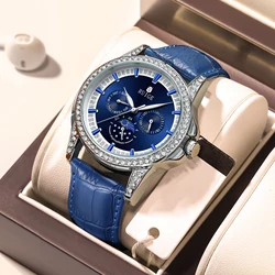 RUIGE Men's Fashion Multifunctional Watch Men's Quartz Famous Watch Genuine Leather Waterproof Blue Watch