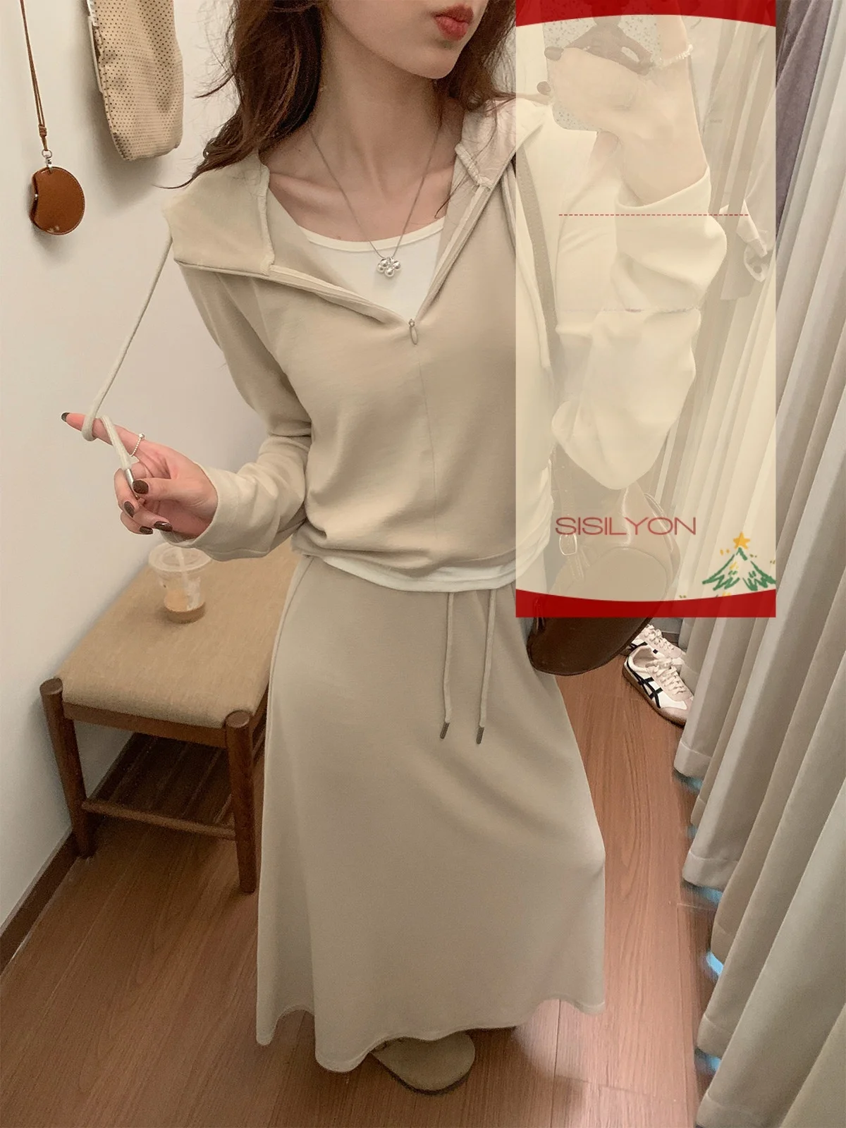 

Комплект Sisilyon Spring: корейская юбка А-силуэта и худи, костюм-двойка с коротким/длинным рукавом, с высокой талией, теплый