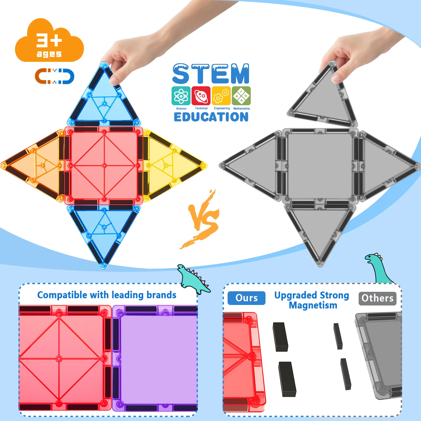 100PCS กระเบื้องแม่เหล็ก STEM Building ของเล่นชุด 2 รถยนต์,Sensory ซ้อนบล็อกแม่เหล็กสําหรับเด็กวัยหัดเดินและเด็ก