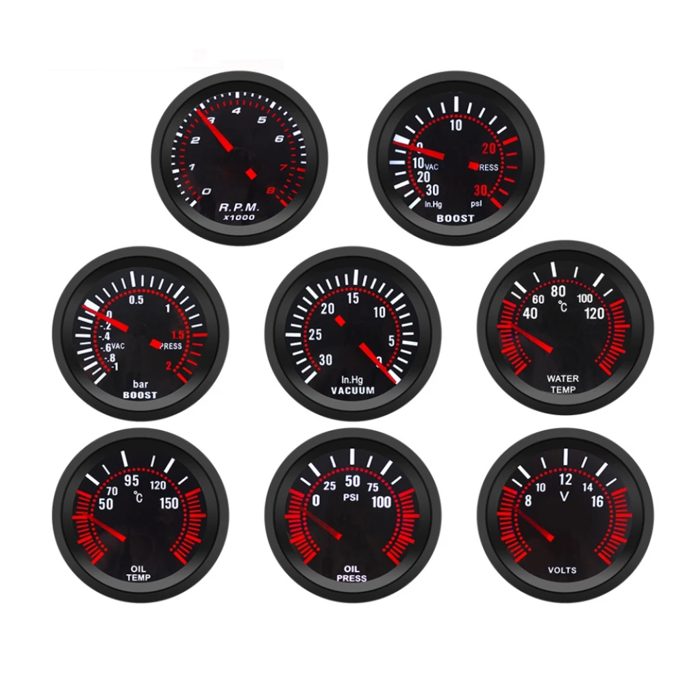 

2′′ 52 мм Тахометр RPM Boost Gauge PSI/BAR Вакуум Температура воды Температура масла Вольтметр давления масла Дымовые линзы Автомобильные манометры Подходят для автомобилей 12 В