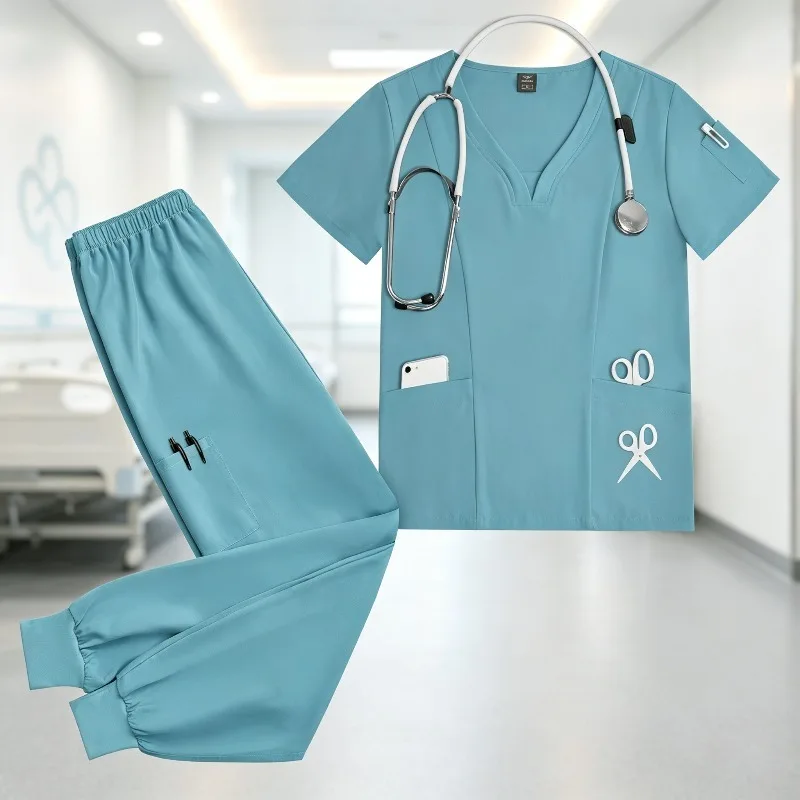 Quick Dry Scrub Set for Men Women V Neck Short Sleeve Uniform with Custom Embroidery Logo for Nurse Doctor