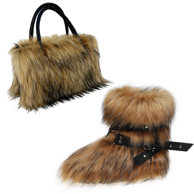 2024 Winter New Plush Fur Snow Boots Women's Cross Belt Slim Warm Short Pain Cotton Boots Fashion Imitation Raccoon Hair Handbag