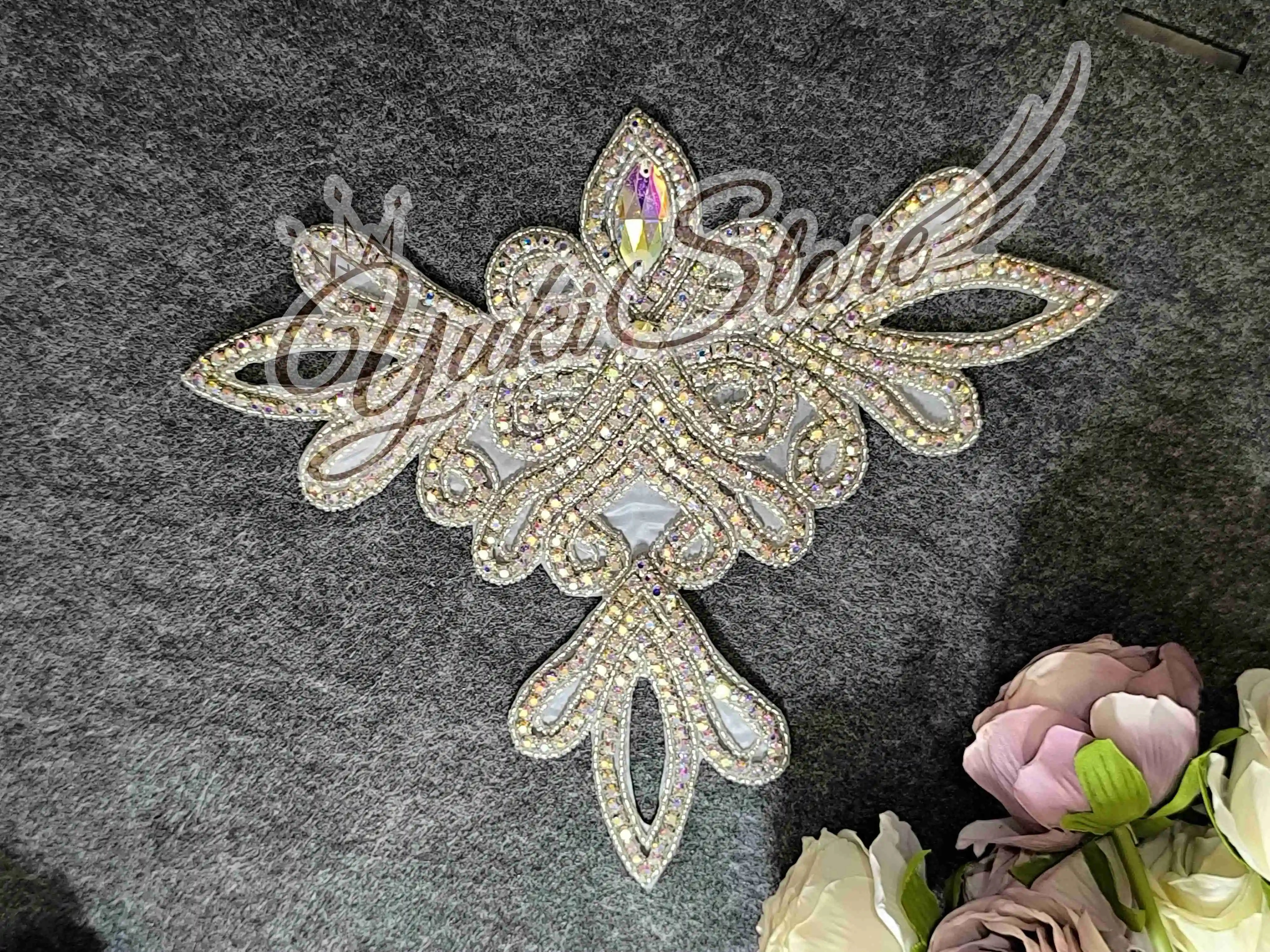 Silver bling Small appliques Heavy bead 3d flower lace applique floral pearls embroidery bridal lace patch YK007