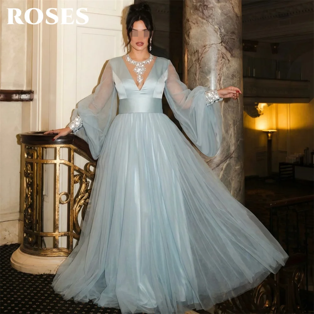ROSES Ice Blue Prom Dresses V Neck Puffed Sleeve Evening Dresses A Line Floor Length Party Dress vestidos de fiesta Customized