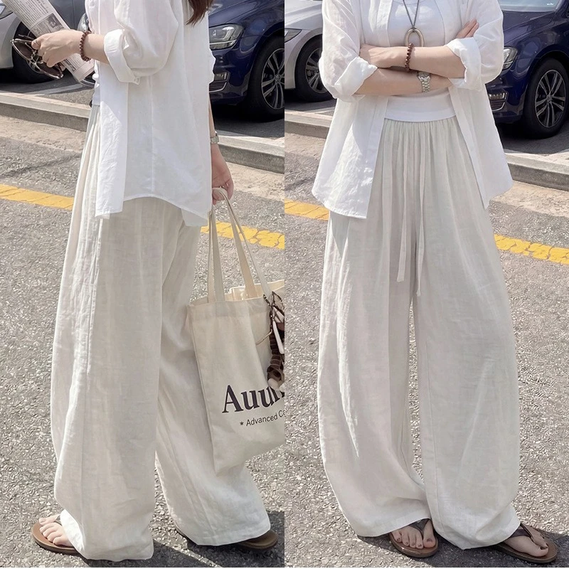 Artistic Style Wide Leg Pants Women's Summer New Loose Drape Casual Cotton Linen Small Size Samba Pants High Waist Casual