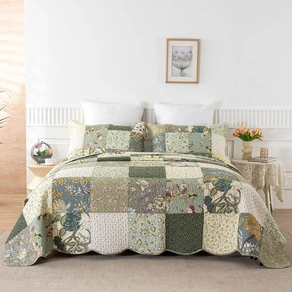 

Oversized Queen Quilt Set Patchwork Bedspread (110x118 Inch) - 100% Cotton Reversible Breathable loral Quilted Coverlet with Pil