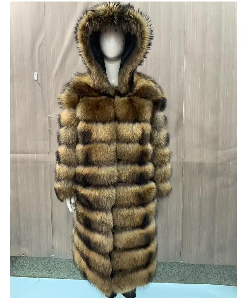 Waschbärpelzmantel für Damen mit Mütze, abnehmbaren Ärmeln, umwandelbare Weste, luxuriöser, dicker, warmer langer Mantel