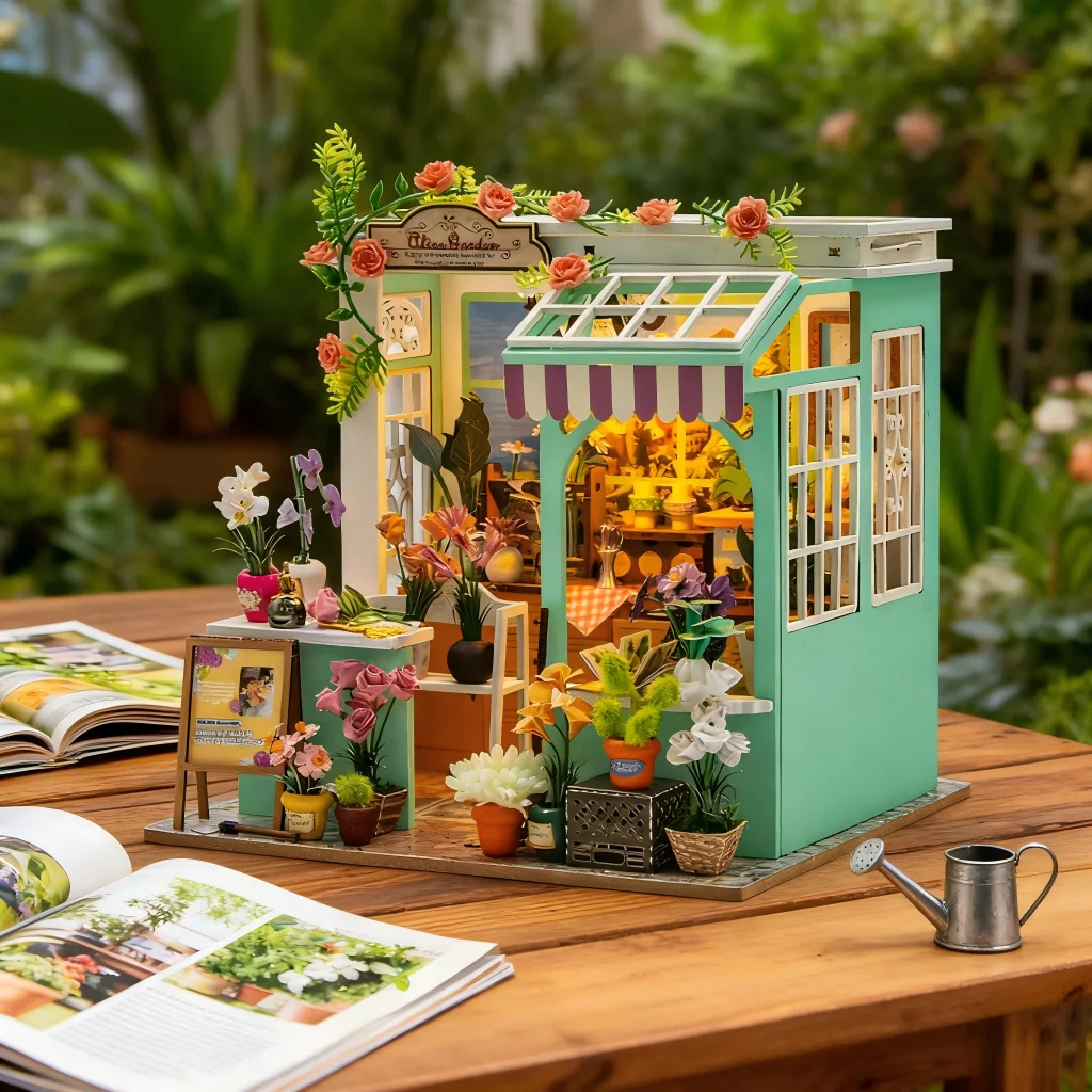 OUZEY Idyllic Garden Villa Puzzle 3D, Kwitnący Miniaturowy Domek, Model DIY, Spokojny Domek dla Lalek, Prezent Dekoracyjny
